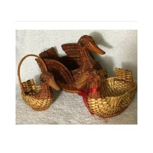 3 Vintage Woven Wicker Duck Baskets Wood Beak Bill
